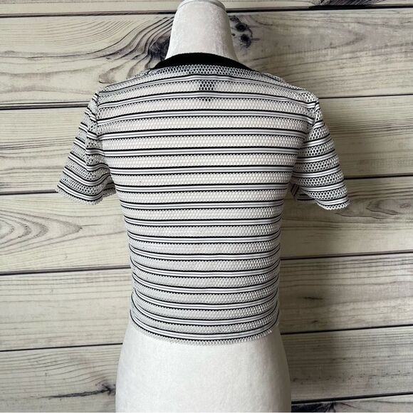 Forever 21 Black & White Striped Mesh Short Sleeve Crop Top - Picture 5 of 6